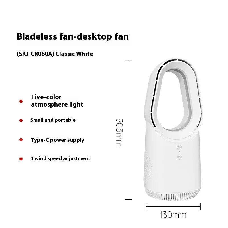 White SK bladeless tower fan with remote control on a wooden desk.