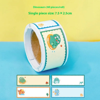 Roll of student name tape stickers with cartoon dinosaur, astronaut, rabbit, and girl designs for labelling