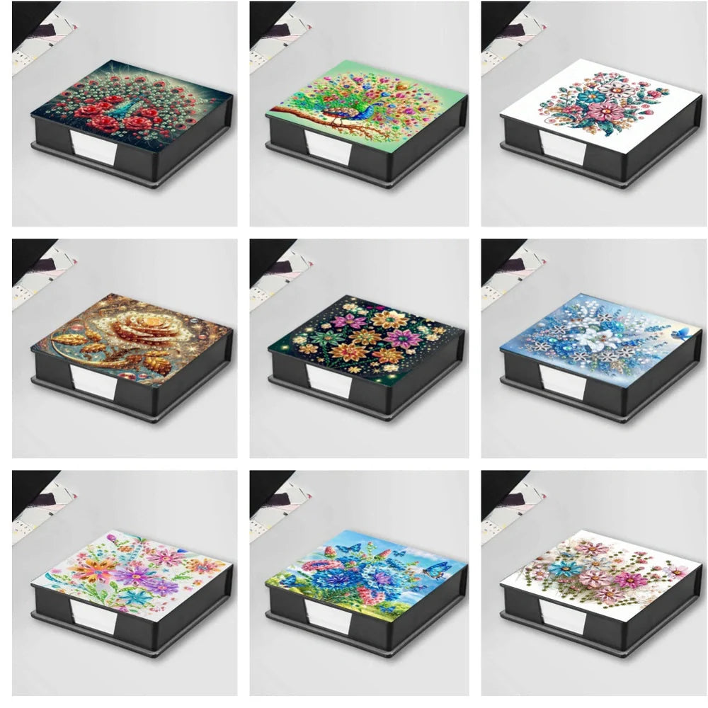DIY diamond painting label box with cartoon design showing frameless construction and plastic material