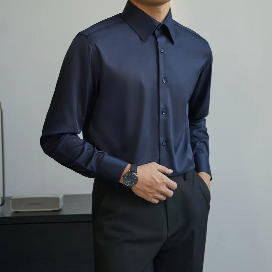 Korean style men's long sleeve shirt in black with Japanese retro cardigan design