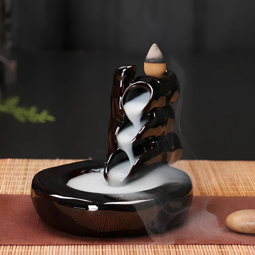 Handmade black glaze ceramic backflow incense burner tower, 10cm high with smoke waterfall effect