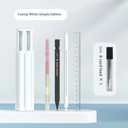 Pressing pen and plastic pencil box organiser set in sky blue, white, or pink colour options.