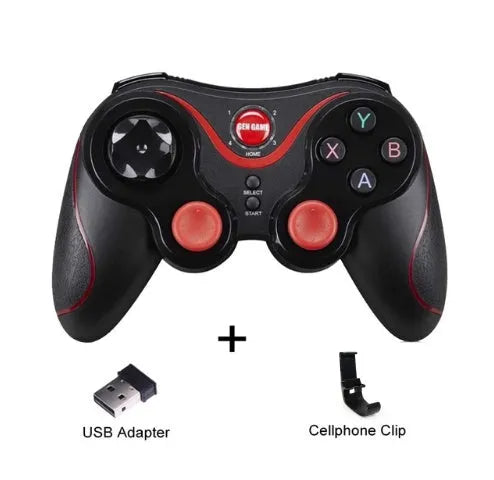 Upgraded X3 Bluetooth wireless game controller with mobile phone clip attached, showing textured grips and button layout