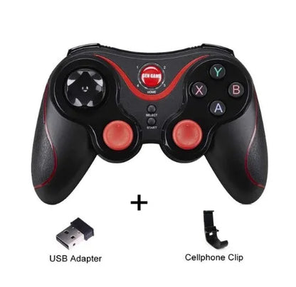 Upgraded X3 Bluetooth wireless game controller with mobile phone clip attached, showing textured grips and button layout