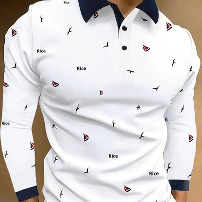 Men's long sleeve button-up polo shirt in a loose fit, made from a polyester blend fabric.