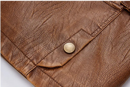 Men's PU leather jacket with velvet lining, available in khaki, black, and brown, sizes L to 5XL