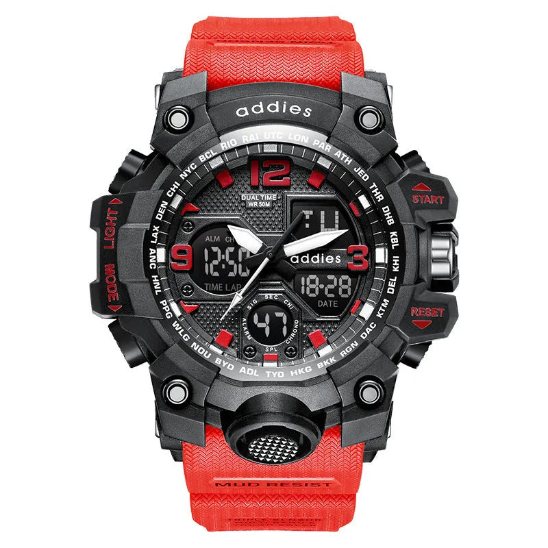 Men's electronic sports watch with dual display and stainless steel buckle in black, red, white and transparent white options