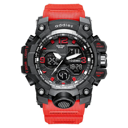 Men's electronic sports watch with dual display and stainless steel buckle in black, red, white and transparent white options