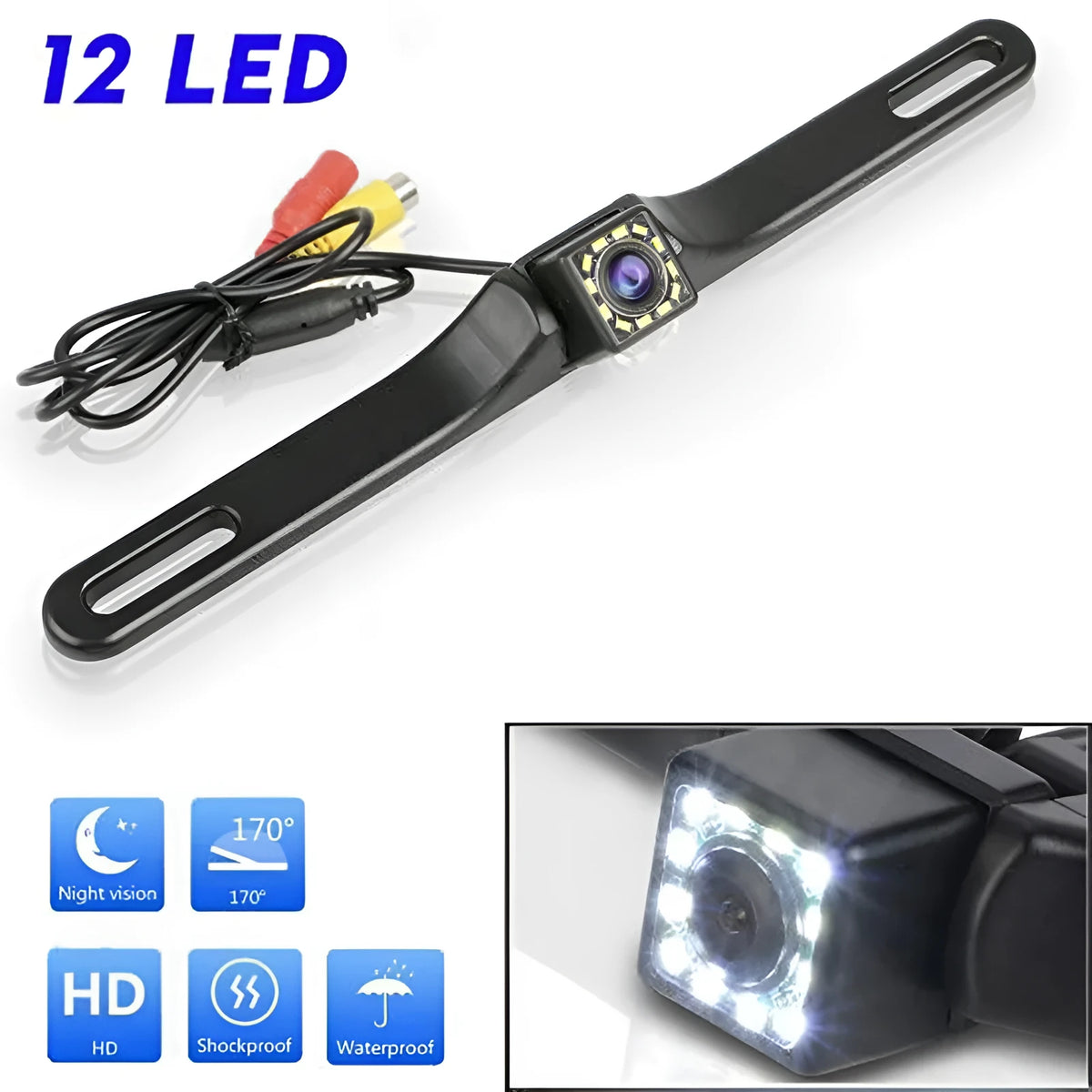 Aluminium license plate frame rearview camera with 12 LED CCD lights, 26.8 x 7.2 x 5.5 cm
