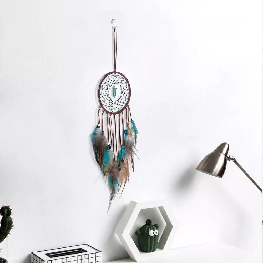 Handmade turquoise dream catcher with feathers and iron ring