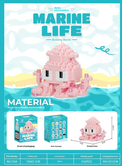 Marine small creature building blocks set showing 12 different sea animal models in colour box packaging