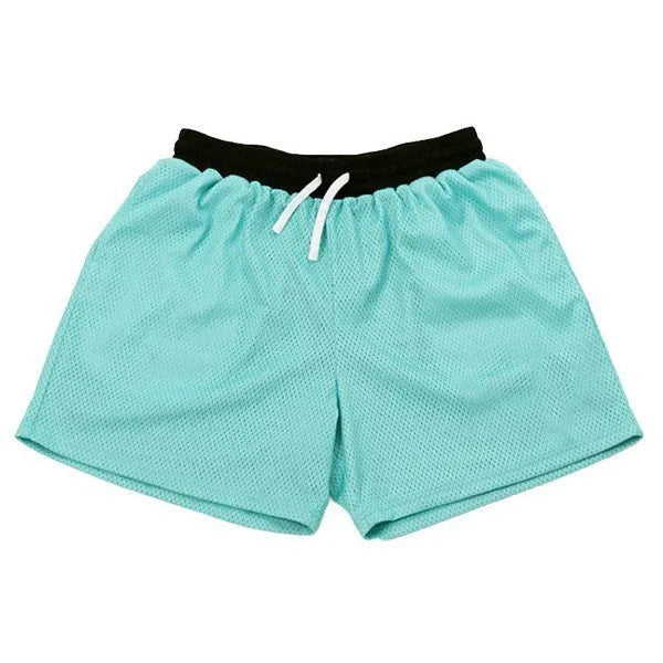 Men's black athletic shorts with grey mesh side panels for breathability, laid flat on a surface.