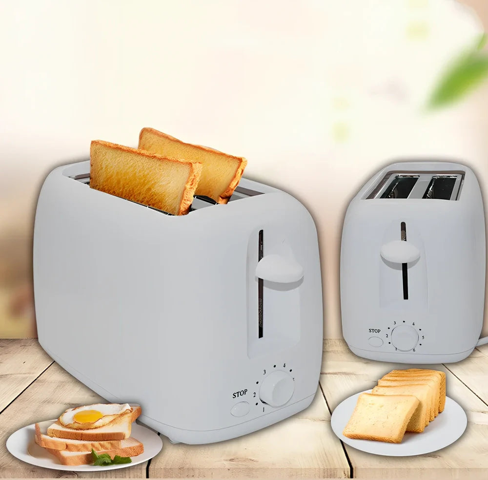 White automatic toaster with six heat settings and stainless steel interior measuring 23cm wide