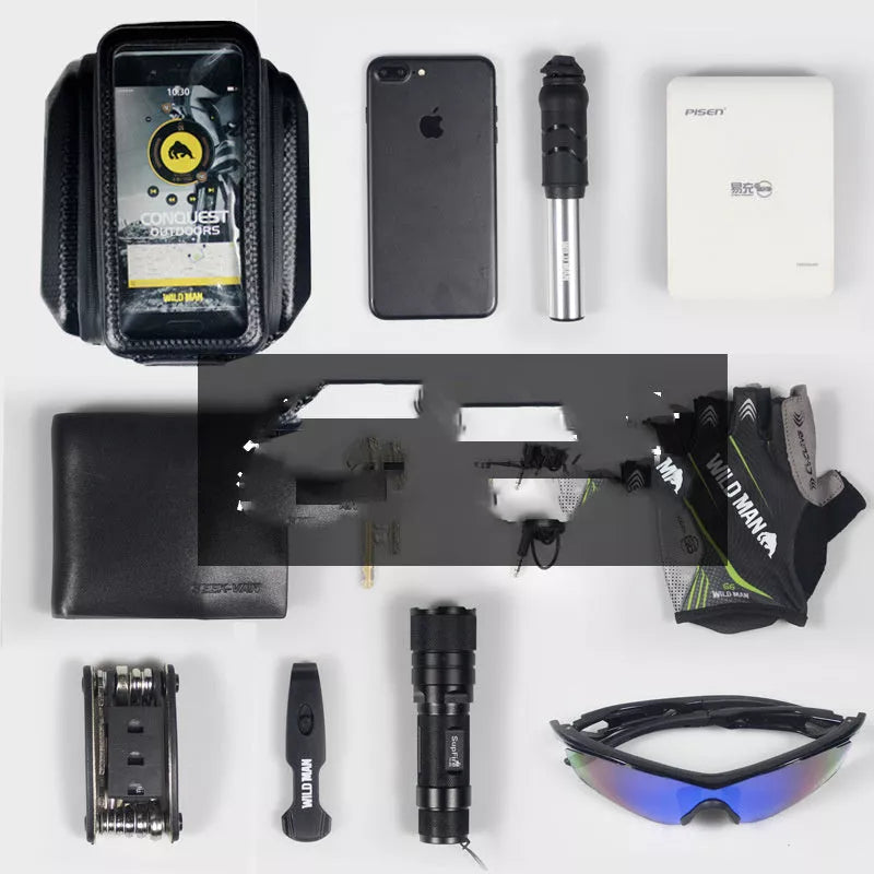 Black PU leather mountain bike phone and belongings pouch with 1L capacity