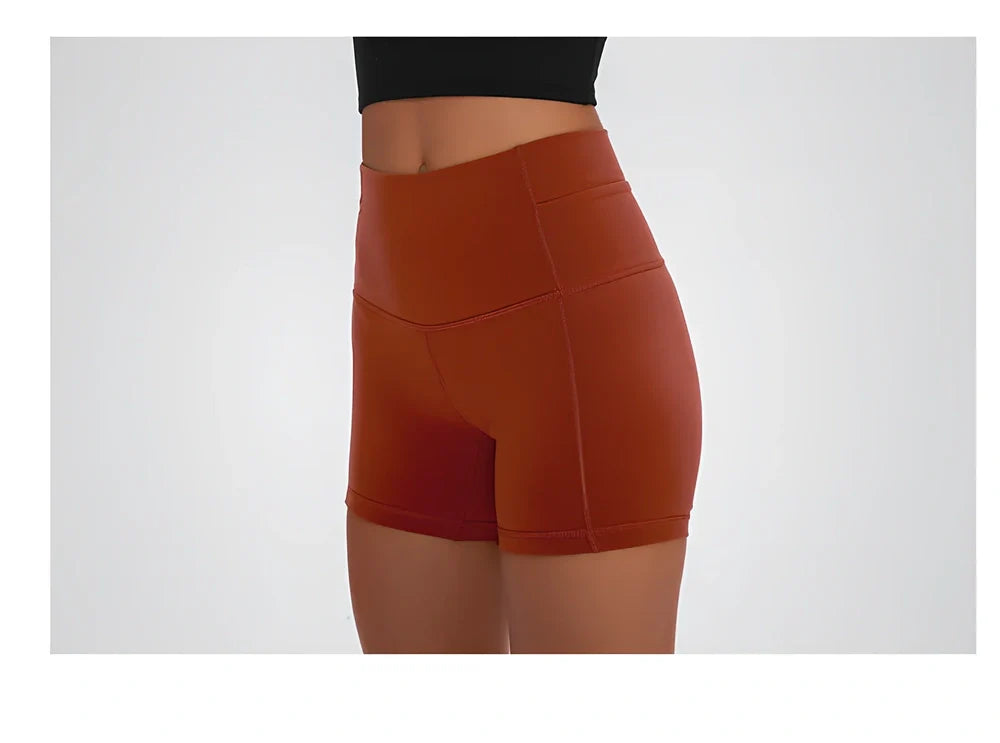 Women's high-waisted nylon fitness shorts with hip-lifting design in six colours for yoga and dance