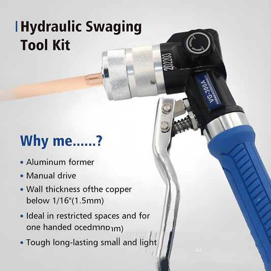 Hydraulic tube expander tool with VG-300 style alloy steel body for flaring copper refrigeration pipes.