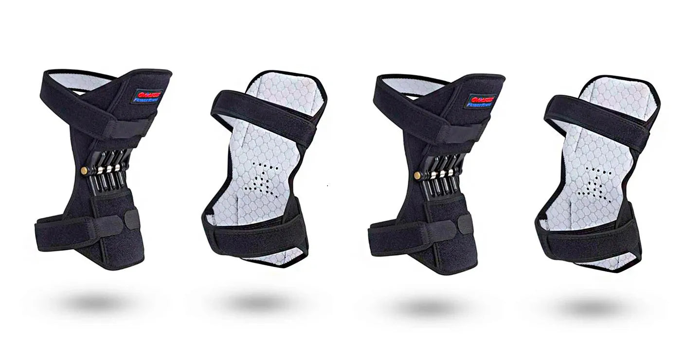 Adjustable spring knee brace for sports support in black, shown with straps.