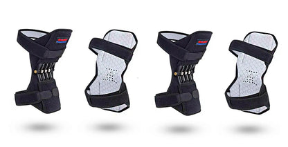 Adjustable spring knee brace for sports support in black, shown with straps.