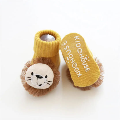 Cotton baby floor socks in assorted colours and patterns including bows, stars, and animal designs.