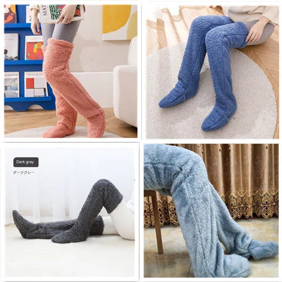 Cozy over-the-knee fuzzy socks in various colors, including brown, blue, dark gray, pink, silver, and more. Comfortable cotton design for warm, snug legs.