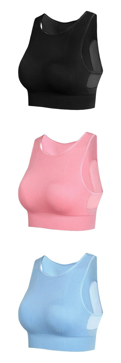 Seamless wireless sports bra with breathable mesh back for superior comfort and performance during workouts
