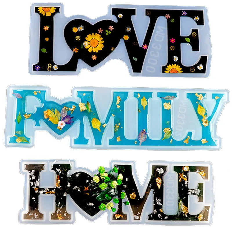 Silicone epoxy mould for resin crafts showing English mirror letters with love word designs in irregular shapes