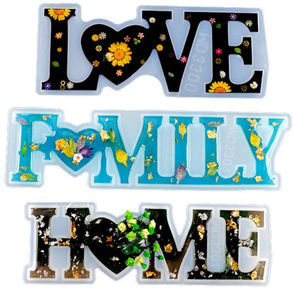 Silicone epoxy mould for resin crafts showing English mirror letters with love word designs in irregular shapes