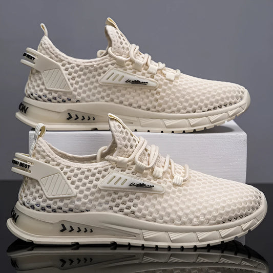 Men's beige mesh breathable sneakers with synthetic leather upper and lace-up closure