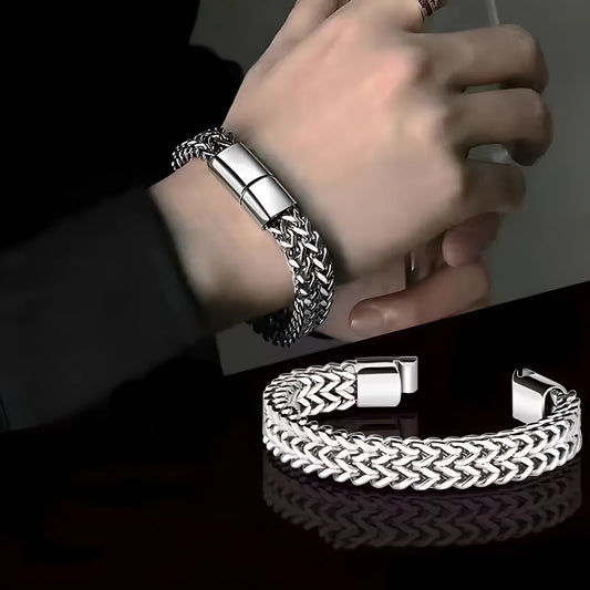 Geometric titanium steel men's bracelet for hip hop style in silver finish