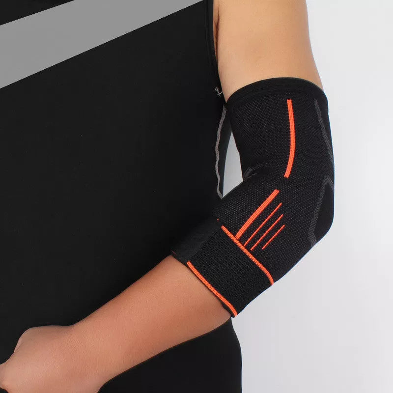 Breathable knitted sports elbow guard with adjustable straps in black and orange