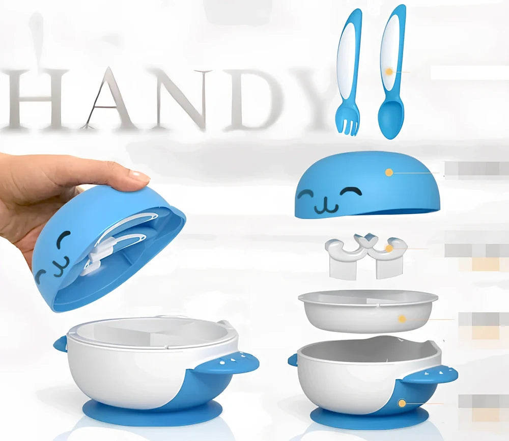 Six-piece baby tableware set with antibacterial polymer material in blue and red colours