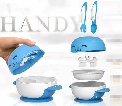 Six-piece baby tableware set with antibacterial polymer material in blue and red colours