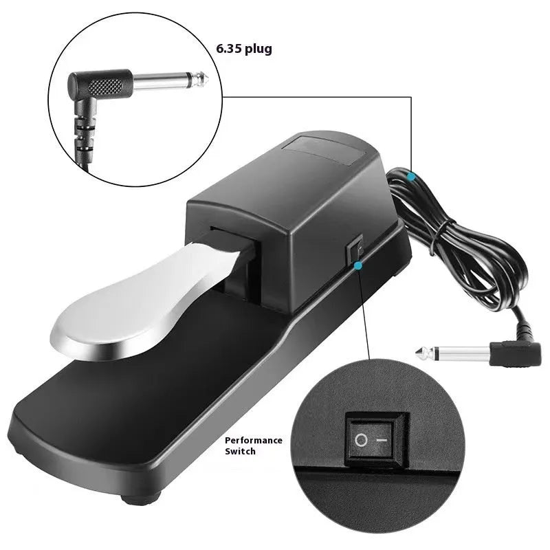 Single-leg sustain pedal for keyboards, 635.2mm long, made of black ABS plastic