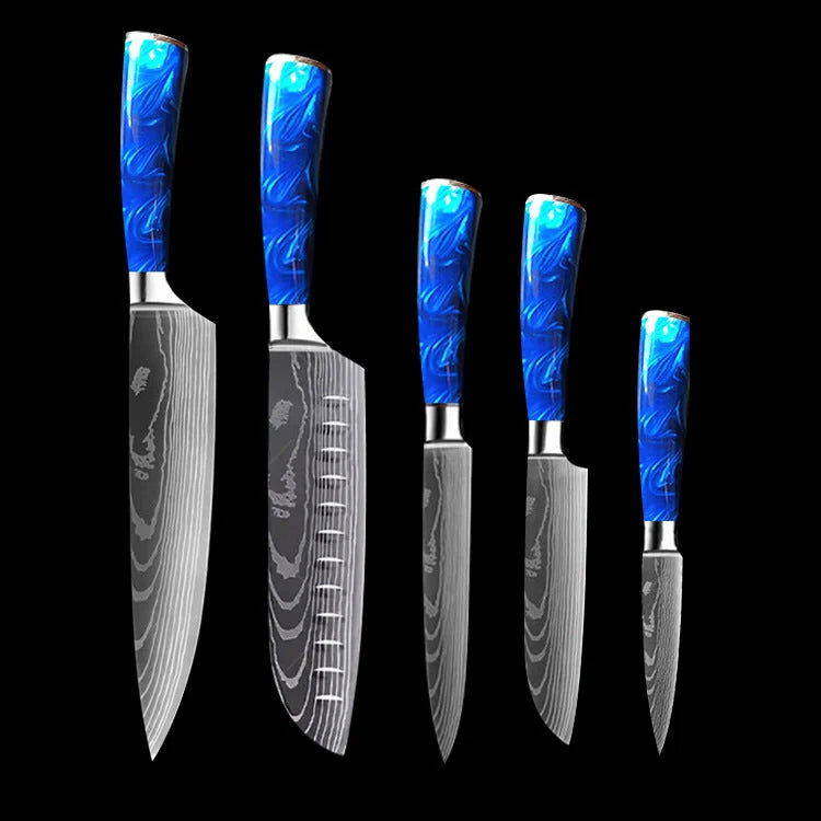 8-inch Chef Knife with vibrant blue resin handle, perfect for precision cutting in the kitchen.