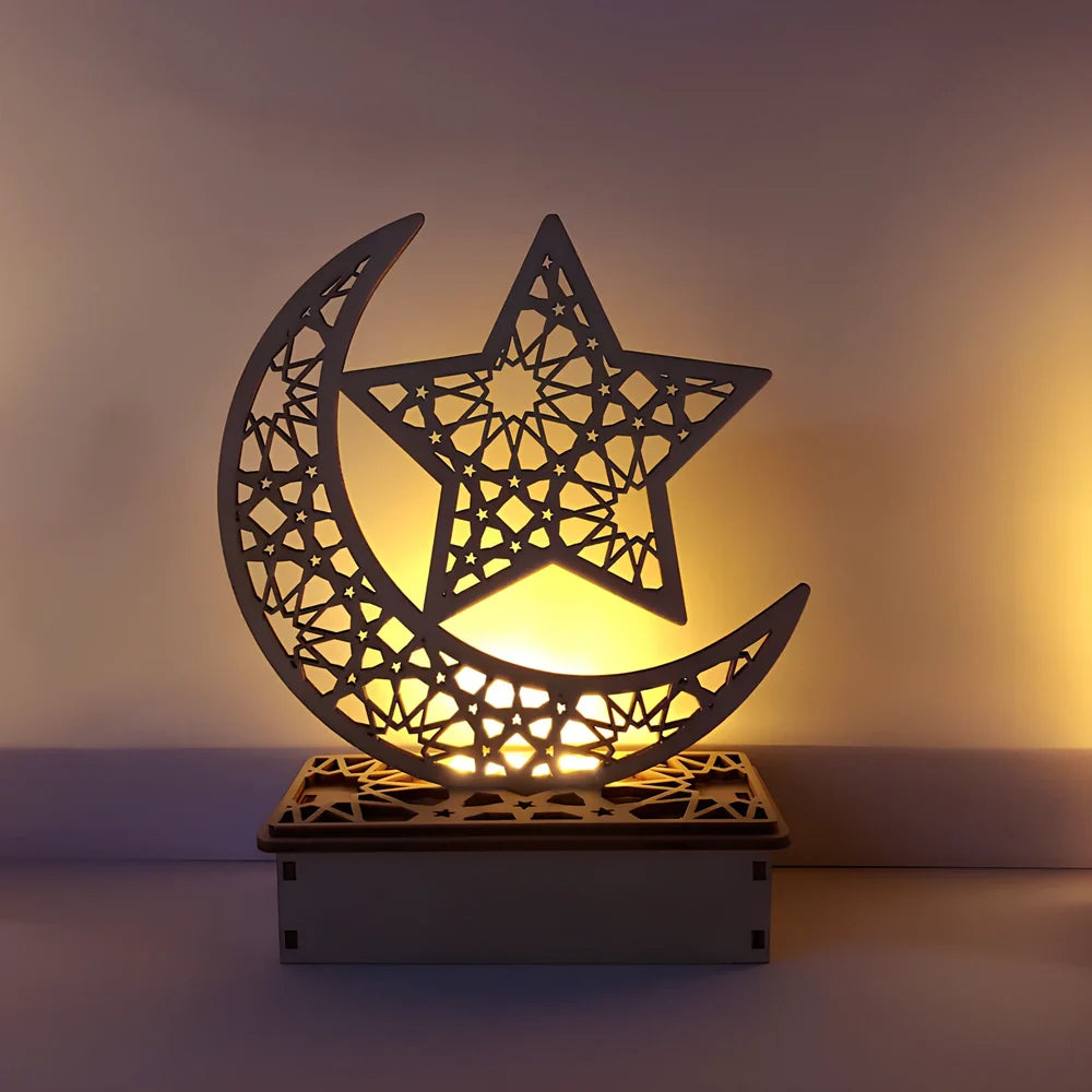 Wooden DIY Islamic palace LED decoration with laser-cut Eid Mubarak pattern, battery-operated lighting, 15cm height