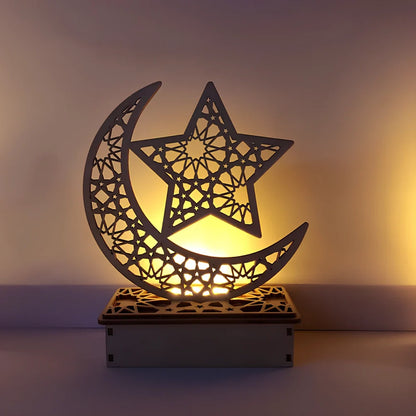 Wooden DIY Islamic palace LED decoration with laser-cut Eid Mubarak pattern, battery-operated lighting, 15cm height