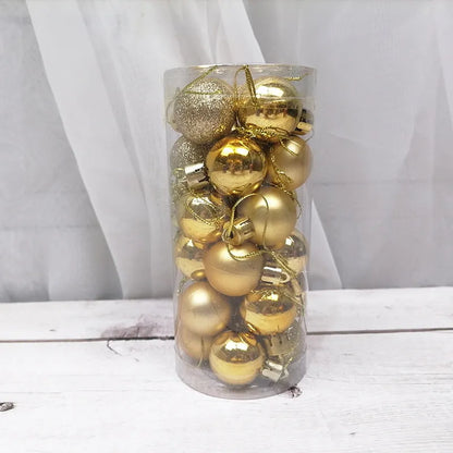 Assortment of 3cm diameter gold, red, silver, and blue barrel-shaped Christmas baubles with an electroplated finish.
