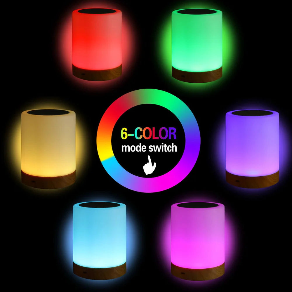 Wood grain finish LED night light showing touch control interface and compact 95mm by 120mm dimensions