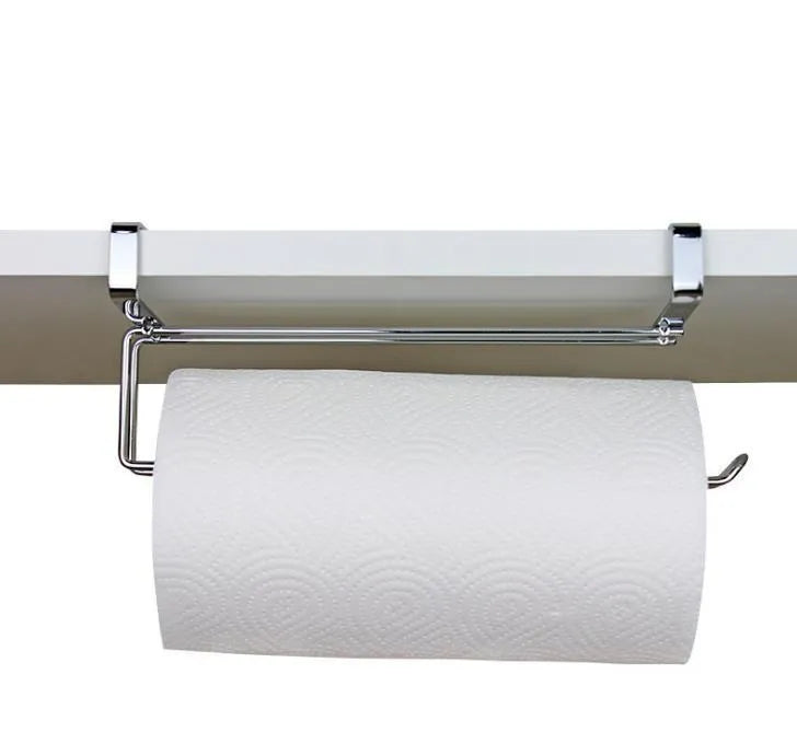 Silver stainless steel paper towel rack for hanging on the back of a kitchen cabinet door.