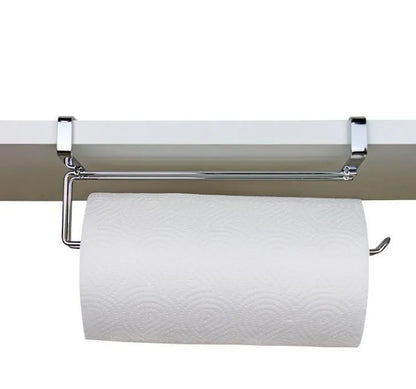 Silver stainless steel paper towel rack for hanging on the back of a kitchen cabinet door.