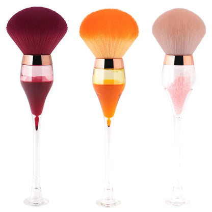 Wine glass shape large makeup brush with fluffy man-made fibre head, long plastic handle, 14cm total length, in Champagne, Pink or Wine Red.