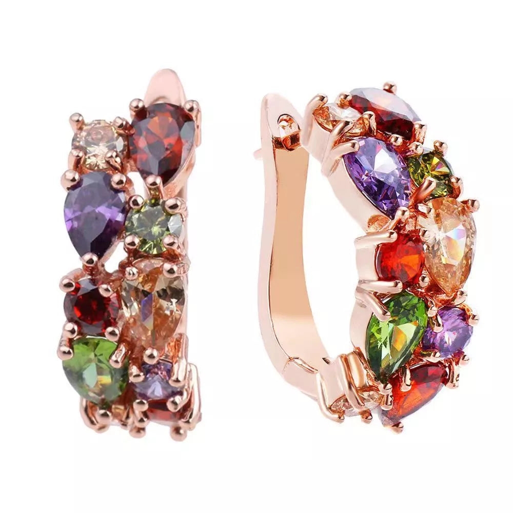 Colorful diamond crystal zircon ear clips for women, drop-shaped design with electroplated finish.