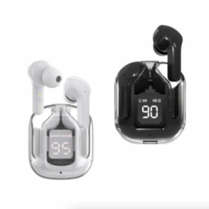 Transparent capsule case containing true wireless Bluetooth earbuds in light blue, showing digital display.
