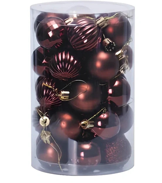 34 Christmas tree ball ornaments in assorted colours with 6cm diameter plastic construction