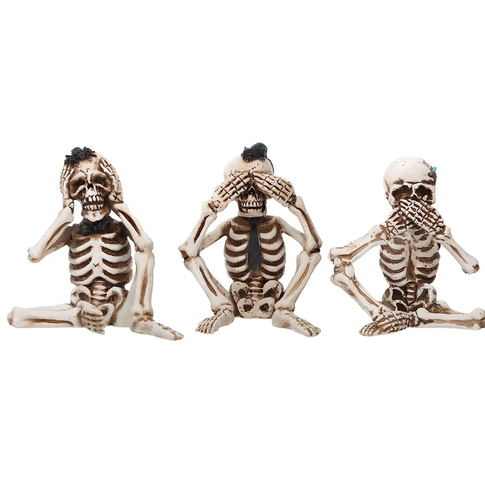 Resin Halloween three-piece set featuring ghost, skeleton don't listen, and don't look figures, 10-15 cm tall in photo colour