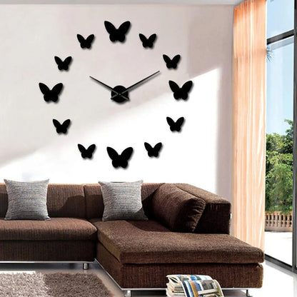 Scandinavian 3D butterfly mirror wall clock in round black gold or silver for living room bedroom decor