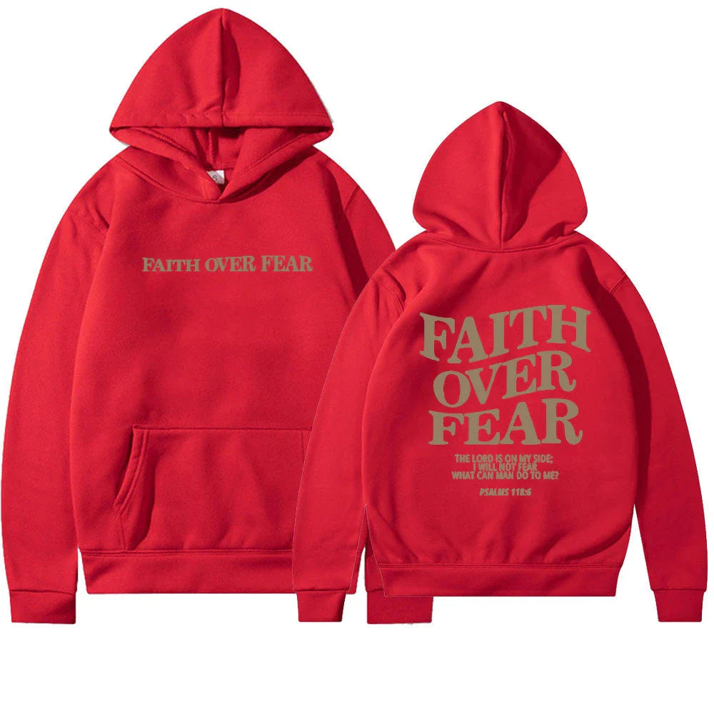 A stylish Christian hoodie with inspirational graphics and a message of faith over fear