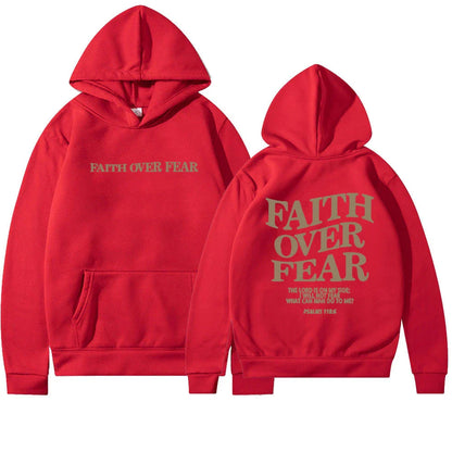 A stylish Christian hoodie with inspirational graphics and a message of faith over fear