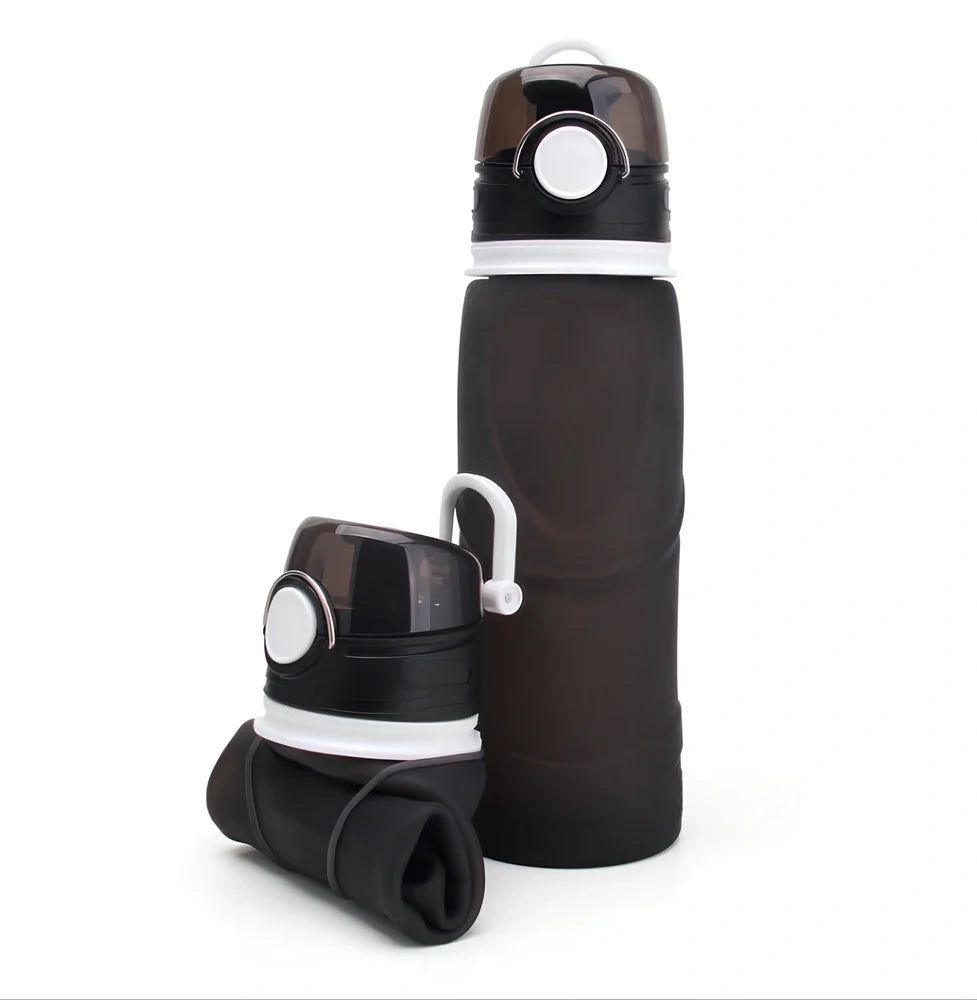 Orange silicone folding water bottle showing collapsed 7cm height and expanded 22cm height with 750ml capacity