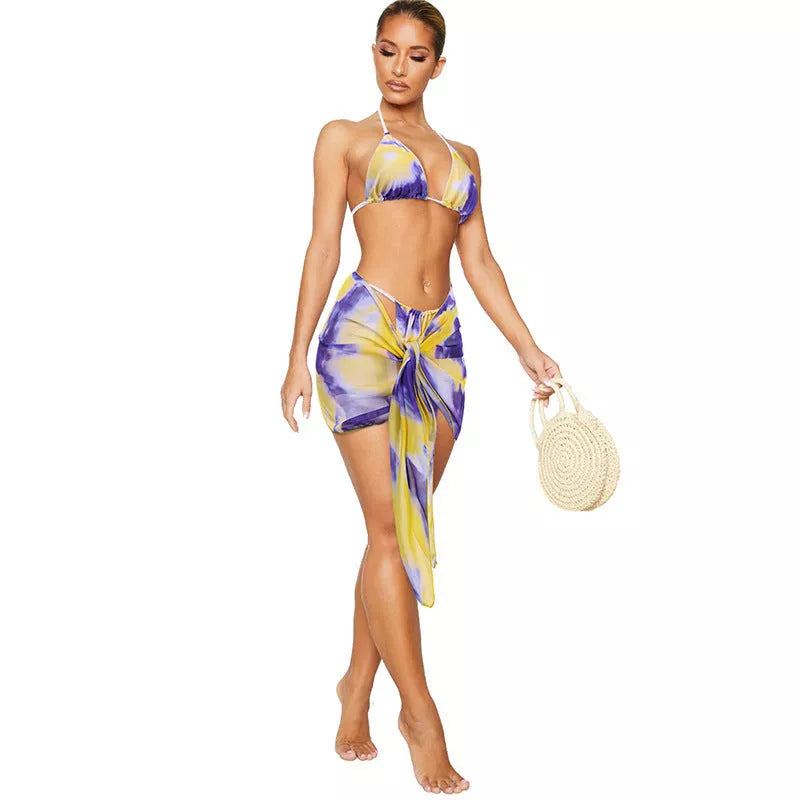 Women's three-piece split swimsuit in cotton blend, available in orange, pink, and purple